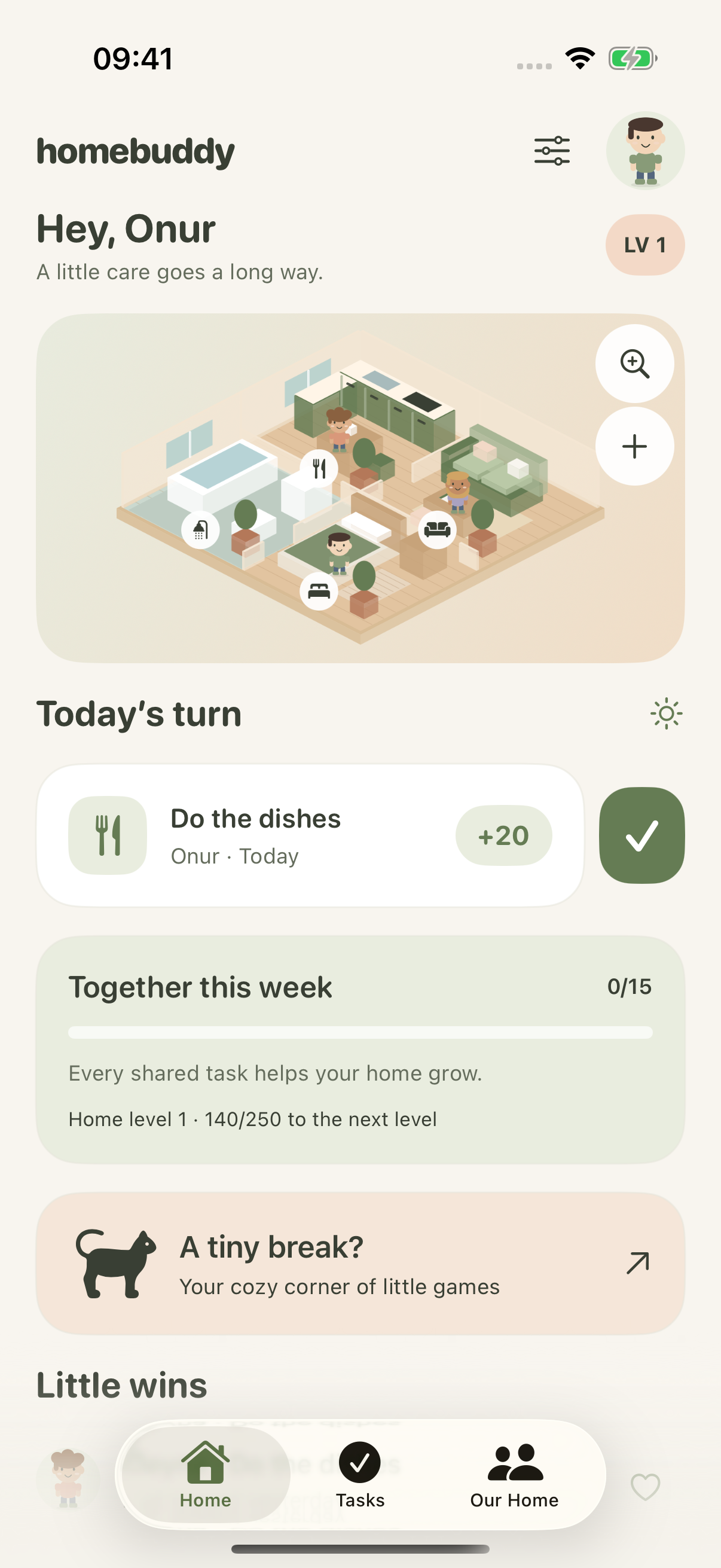 HomeBuddy home screen in English, showing a connected 2.5D house, Today’s turn and the weekly shared goal