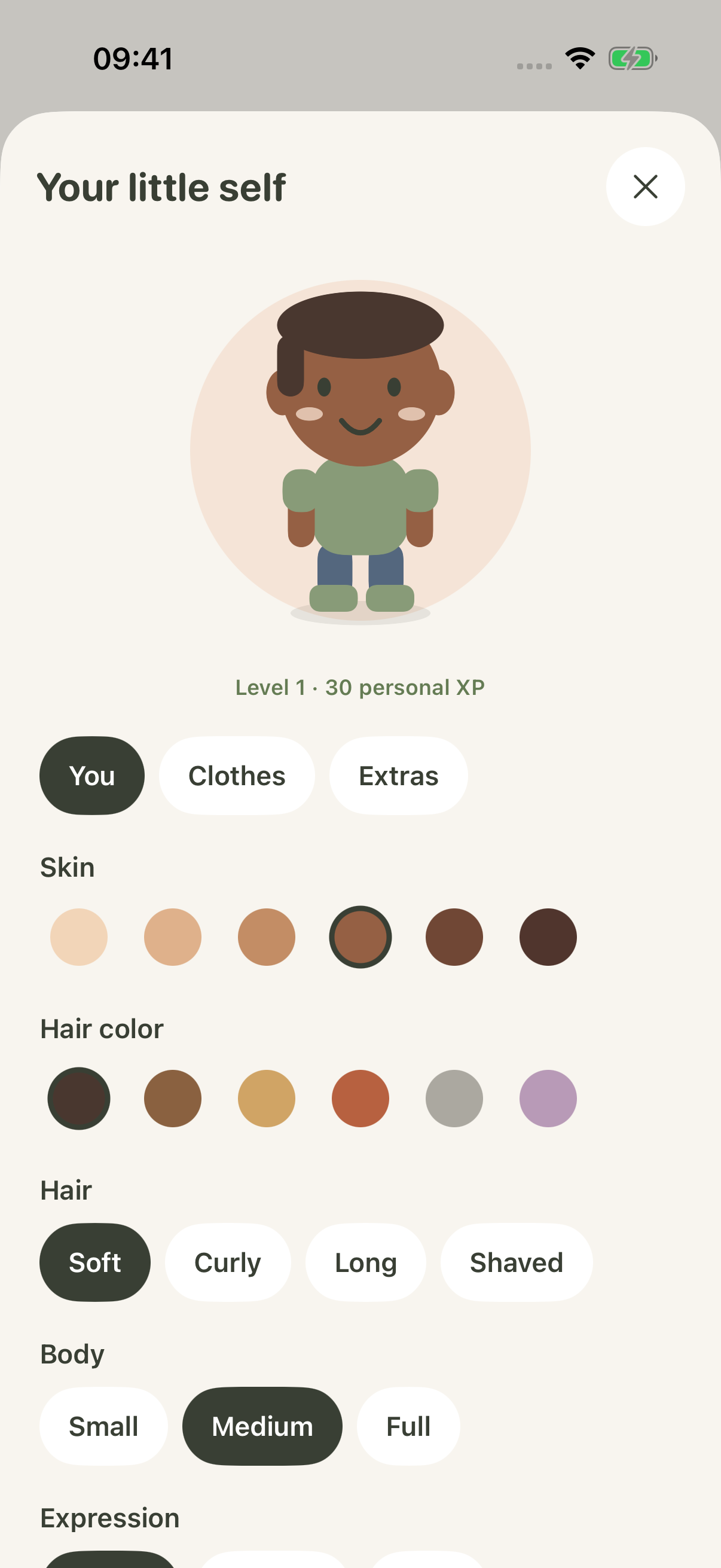 English character editor with a housemate avatar, skin tones, hairstyles and clothing options