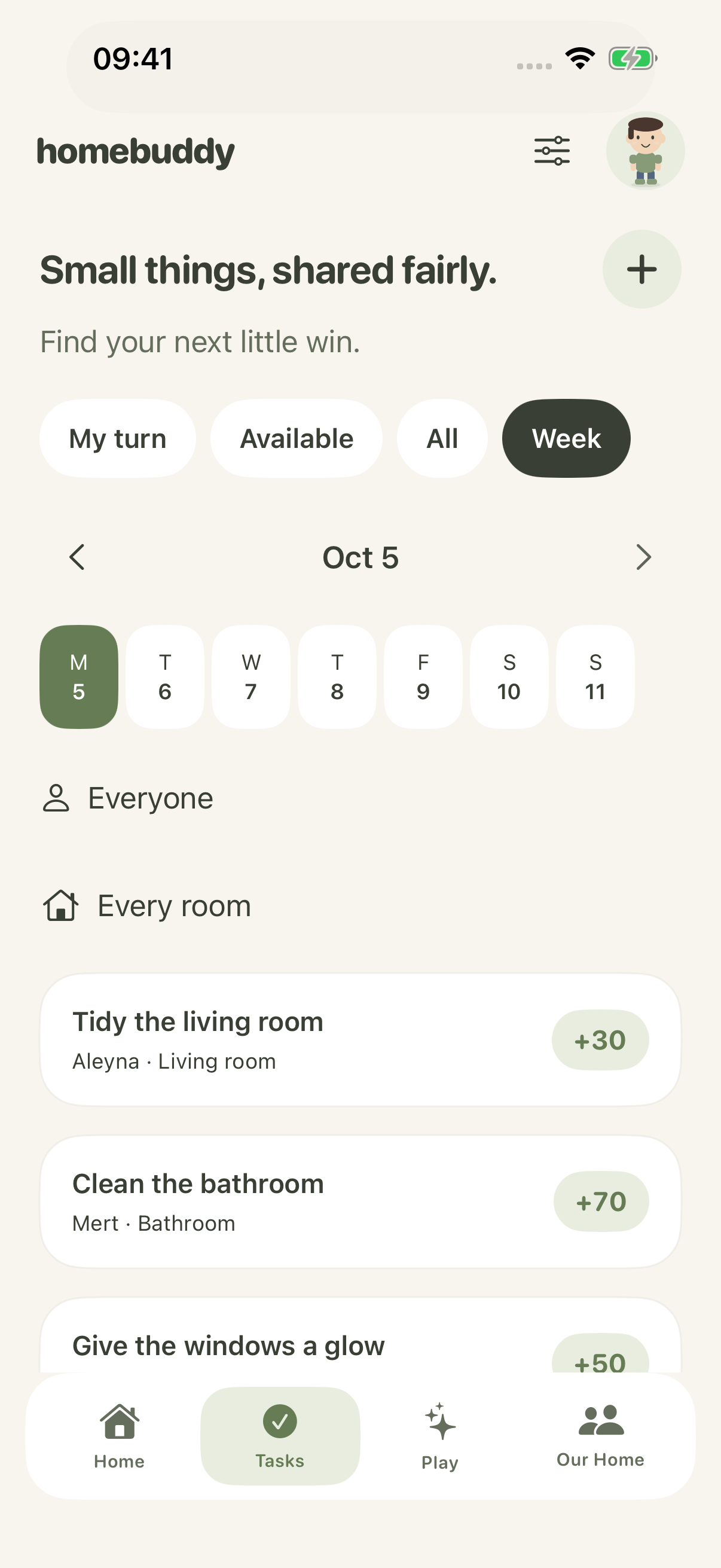 English weekly task planner with housemate and room filters